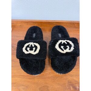 Gucci Black Shearling Interlocking G Logo Slide Sandals Platform 41